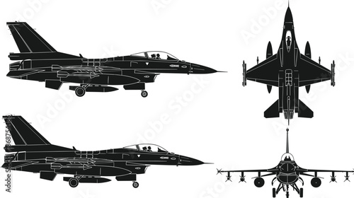 Military fighter jet blueprint silhouettes, front side top views, modern combat aircraft schematics, black vector illustration, defense aviation design, isolated background