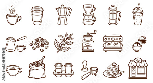 Coffee related icons doodle set with brewing equipment, beans, takeaway cups, and cafe elements in brown outline style for menu design