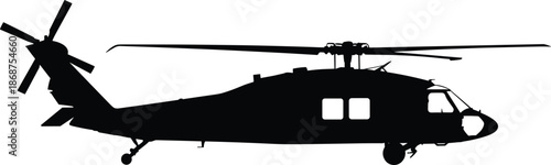 Military helicopter silhouette, side view aircraft, tactical aviation chopper, isolated white background, black vector illustration, modern defense transport, concept, graphic