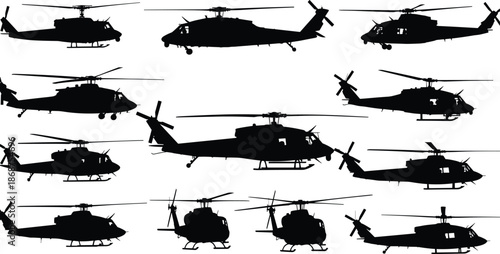 Military helicopter silhouettes set, multiple aircraft angles, combat aviation collection, tactical army choppers, isolated white background, black vector illustration