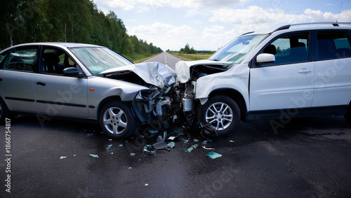 Two cars severely damaged in a headon collision on a rural road with debris scattered on the asphalt surface  cars badly crushed