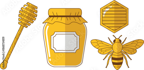 Flat design set of 4 honey bee items wooden dipper honey jar honeycomb piece and flying bee