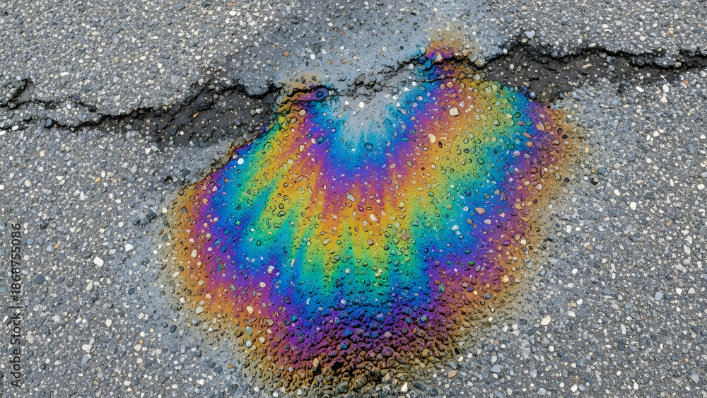 Fototapeta premium Vibrant oil spill on cracked asphalt road with rainbow colors