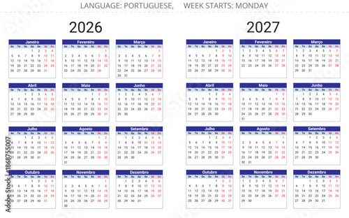 Portuguese annual calendar 2027 and 2026 year. Vector illustration for Portugal