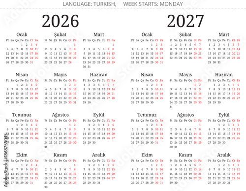 2026 and 2027 year turkish calendars serif font. Vector illustration for Turkey - turk takvimi