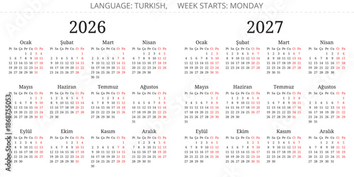 2026 and 2027 year turkish calendars with serif font. Vector illustration for Turkey - takvimi
