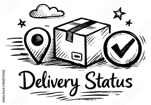 Hand drawn line art illustration of delivery status symbols depicting successful tracking and completion for e-commerce and logistics
