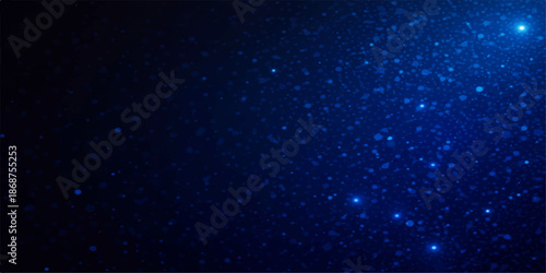 An abstract blue night sky space background featuring a starry galaxy nebula with dark cosmic light and cold winter motion particles across the deep universe