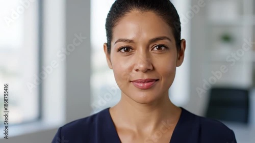 Confident businesswoman with warm smile in modern office setting