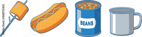 Flat design set of 4 camping food items marshmallow on stick hot dog can of beans and tin mug