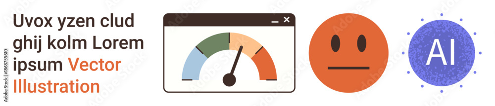 Fototapeta premium Performance monitoring, artificial intelligence, data analysis, user feedback, technology systems, decision-making. A gauge, neutral emotion and AI icon. Performance monitoring and artificial