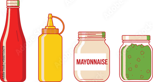 Flat vector set of 4 fast food condiments ketchup bottle mustard squeeze bottle mayonnaise jar and relish