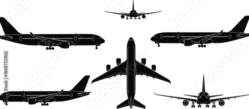 Airplane, silhouettes, commercial, passenger, aircraft, aviation, transport, jet, flying, travel, front, side, top, rear, views, black, vector, illustration, isolated, set
