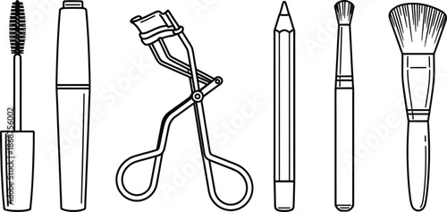 Line art vector set of 5 eye makeup tools mascara wand eyelash curler eyeliner pencil and eyeshadow brush