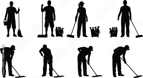 Cleaning, staff, silhouettes, janitors, working, with, tools, professional, cleaners, service, industry, hygiene, maintenance, isolated, black, vector, illustration, collection, set, workers
