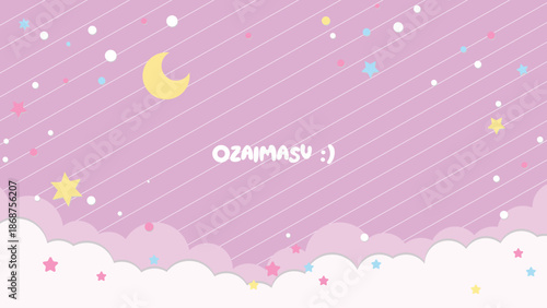 A whimsical pastel purple night sky with clouds stars and a crescent moon with pastel colors and dreamy and fantasy and illustration and purple sky