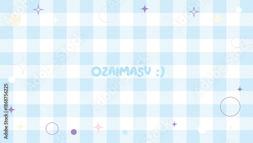 Light blue and white checkered background with pastel stars and smiley text with graphic and abstract and colorful and whimsical and kawaii and pattern