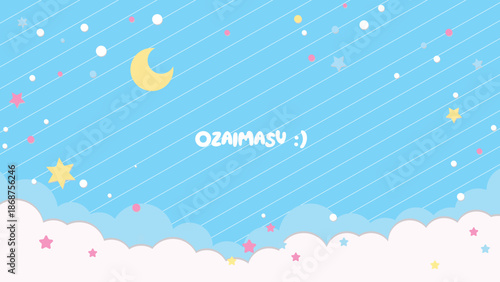 A whimsical night sky scene with a crescent moon stars and clouds in a pastel color palette with pastel colors and illustration and stylized