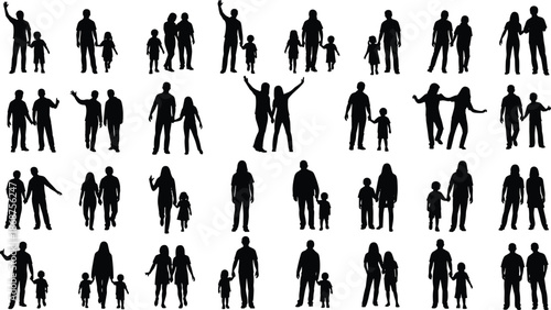 Family, silhouettes, people, parents, children, couples, love, relationship, togetherness, lifestyle, standing, walking, bonding, black, vector, illustration, isolated, happy, collection, set
