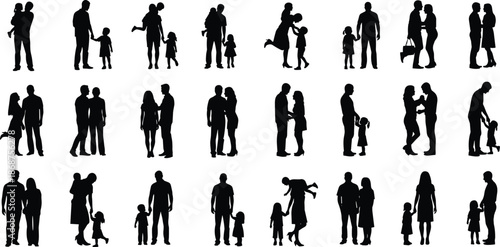 Family, silhouettes, people, parents, children, couples, love, relationship, togetherness, lifestyle, standing, walking, bonding, black, vector, illustration, isolated, happy, collection, set