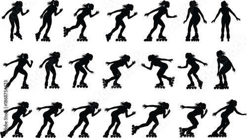Roller, skating, silhouettes, female, athlete, speed, motion, inline, skates, sport, action, dynamic, poses, balance, fitness, black, vector, illustration, isolated, collection