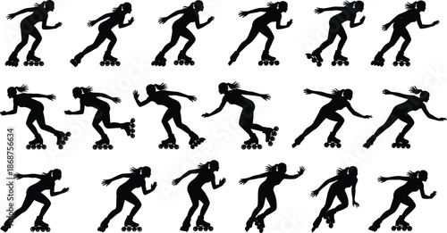 Roller, skating, silhouettes, woman, speed, motion, inline, skates, sport, action, dynamic, poses, fitness, balance, black, vector, illustration, isolated, collection, set