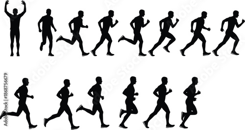 Running, man, silhouettes, fitness, athlete, jogging, sprint, motion, workout, training, sport, action, healthy, lifestyle, black, vector, illustration, isolated, collection, set