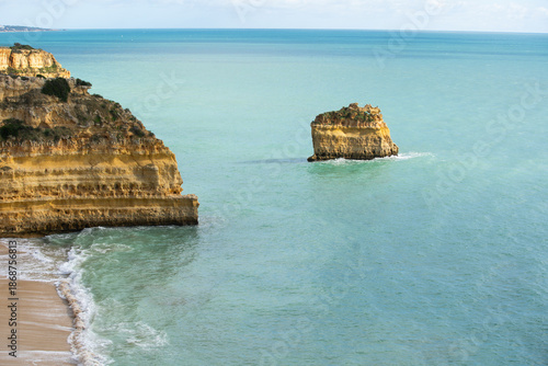 Aerial view of Marinha beach and Mesquita beach. Beautiful beach in the Carvoeiro, in Algarve, Portugal