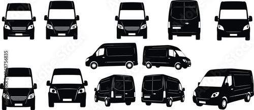 Van, silhouettes, collection, cargo, delivery, transport, vehicle, front, side, rear, views, black, vector, illustration, logistics, commercial, fleet, isolated, set, icons