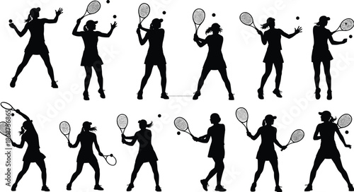 Tennis, player, silhouettes, woman, racket, action, sport, training, match, serve, volley, athletic, fitness, black, vector, illustration, isolated, collection, set, motion
