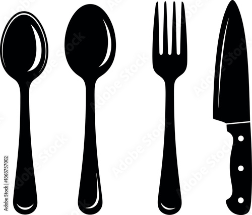 Black silhouette of cutlery set on white background