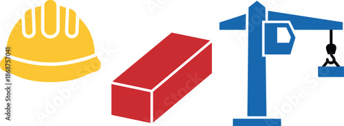 Construction icons including hard hat, brick, and crane on white background