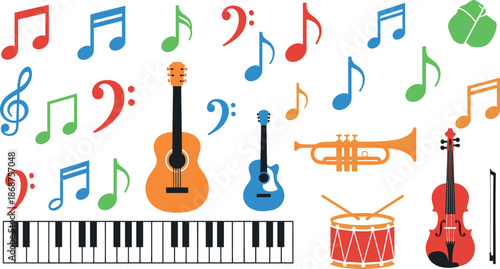 Colorful music instruments and notes on white background for kids learning