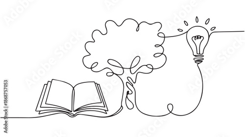 knowledge book tree lightbulb continuous line icon concept
