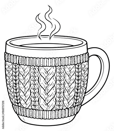 Hand drawn line art illustration of a steaming mug with a knitted cozy depicting warmth and comfort for winter designs