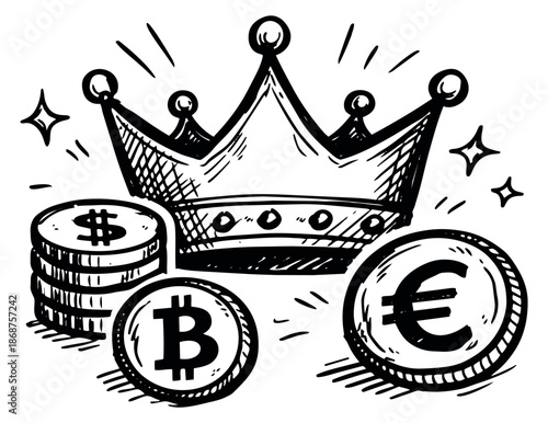 Hand drawn line art illustration of a crown with dollar, euro, and bitcoin coins depicting wealth and financial power for global business and cryptocurrency concepts