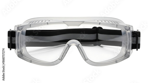 clear protective safety goggles with adjustable black strap and ventilation system for secure fit and comfort on transparent background