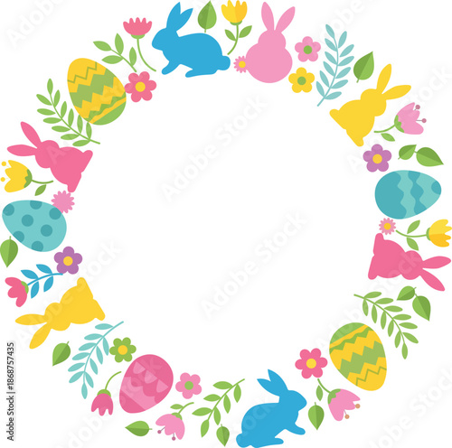 Easter wreath with bunnies and eggs on black background