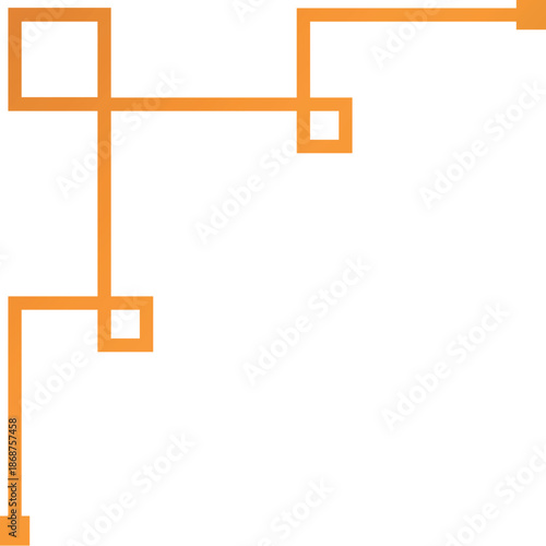 Orange abstract geometric shape connecting lines and squares on white background