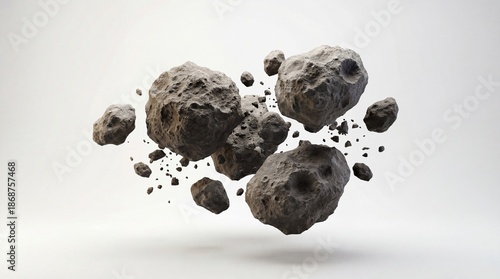 A cluster of realistic three dimensional rendered asteroids and space debris floating mysteriously against a clean bright white studio background symbolizing celestial danger or cosmic travel concepts