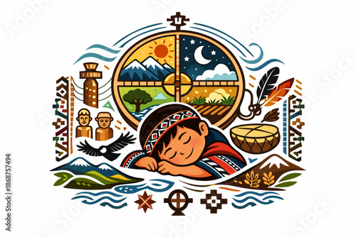 Vector Illustration of Mapuche Symbolism with Kultrun Geometry and a Dreaming Chilean Child