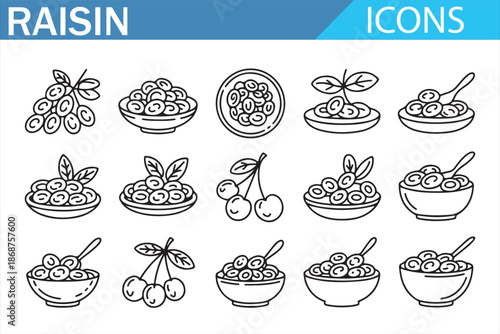 Raisin food icons set in outline style, dried grape snack symbols