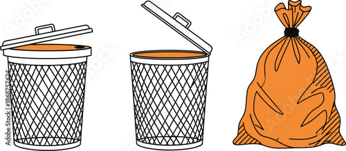 Waste and disposal symbols set wire trash cans open closed garbage bag tied