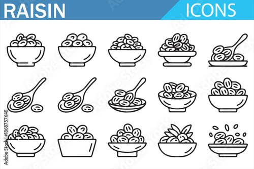 Raisin food icons grid in outline style, dried grape snack and ingredient symbols collection for nutrition, bakery, dessert, cooking recipes, packaging and food design
