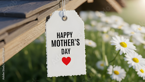 Happy Mothers Day Tag Hanging on Wooden Structure with Daisies stock mother's day