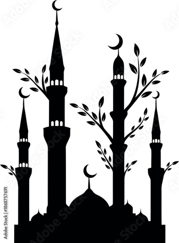 Islamic mosque minaret silhouette vector illustration isolated on transparent background