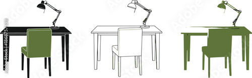 Interior furniture workspace setup desk chair adjustable lamp working area scene