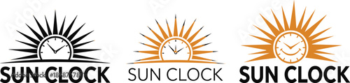 Sun clock logo concept with sunburst and clock faces for timing