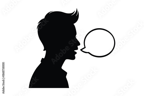 Black silhouette of a person's head with spiky hair and a speech bubble.