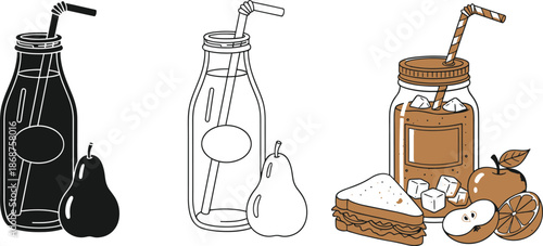 Milk bottle with straw and pear icon set in different drawing style